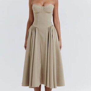 Sexy Demi Neck Drop Waist Fit and Flare Midi Cami Sundress